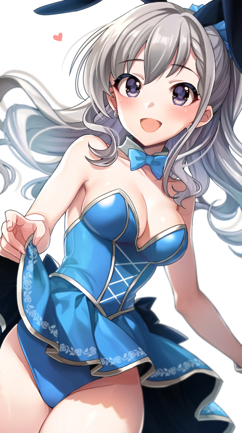 absurdres animal_ears bare_shoulders blue_bow blue_bowtie blue_eyes blue_leotard blue_skirt blush bow bowtie braid breasts cleavage clothes_lift collarbone commentary_request detached_collar fake_animal_ears female grey_hair highres hisakawa_hayate idolmaster idolmaster_cinderella_girls idolmaster_cinderella_girls_starlight_stage leotard leotard_peek long_hair looking_at_viewer medium_breasts open_mouth popon_ta rabbit_ears skirt skirt_lift smile solo thighs very_long_hair