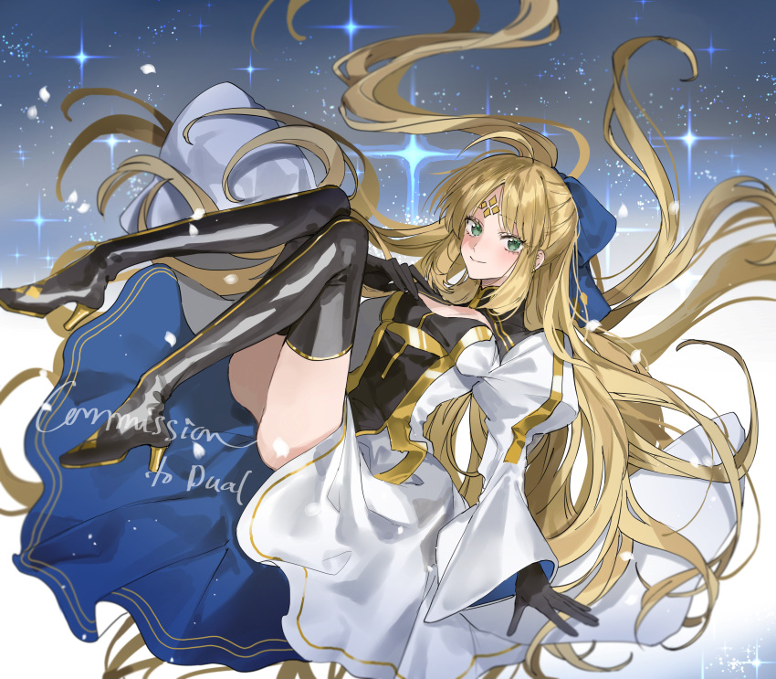 absurdres ahoge artoria_caster_(fate) artoria_caster_(third_ascension)_(fate) artoria_pendragon_(fate) black_gloves blonde_hair blush boots breasts commission dress fate/grand_order fate_(series) female floating full_body gloves green_eyes hair_ribbon high_heels highres long_hair looking_at_viewer ribbon sidelocks smile thigh_boots white_dress wide_sleeves yurumawari