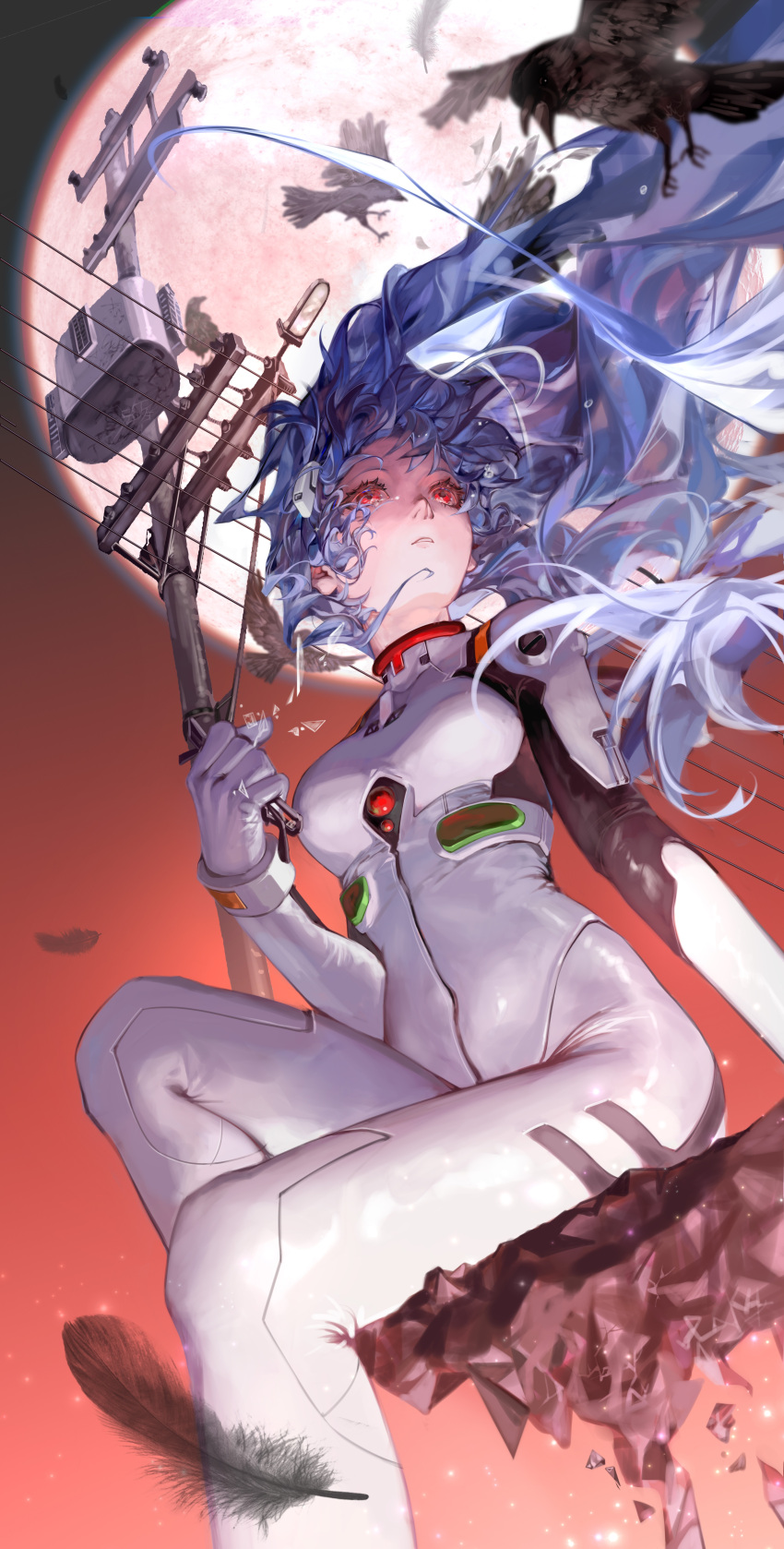 absurdres ayanami_rei bird blue_hair bodysuit covered_navel crow crushing falling_feathers feathers feet_out_of_frame female floating_hair from_below full_moon gradient_sky highres holding holding_removed_eyewear huge_moon interface_headset kelezi long_hair looking_ahead moon neon_genesis_evangelion night outdoors parted_lips pilot_suit plugsuit power_lines red_eyes red_sky sitting sky solo tears unworn_eyewear utility_pole white_bodysuit wind