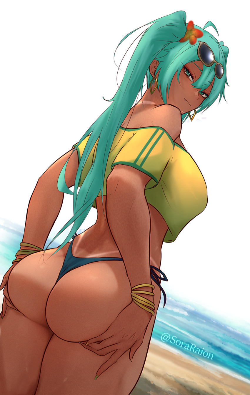 absurdres ahoge aqua_eyes aqua_hair ass ass_lift bare_shoulders beach bikini bikini_bottom_only black_bikini_bottom bracelet brazilian_miku breasts closed_mouth crop_top dark-skinned_female dark_skin dutch_angle earrings english_commentary eyewear_on_head female flower from_behind gold_earrings grabbing_own_ass green_nails hair_flower hair_ornament hatsune_miku highres hoop_earrings jewelry large_breasts long_hair looking_at_viewer looking_back multiple_bracelets nail_polish no_bra ocean off-shoulder_shirt off_shoulder outdoors rectangular_earrings sand shirt side-tie_bikini_bottom smile solo sora_raion sunglasses swimsuit tan tanlines thick_thighs thighs twintails twitter_username vocaloid water yellow-framed_eyewear yellow_nails yellow_shirt