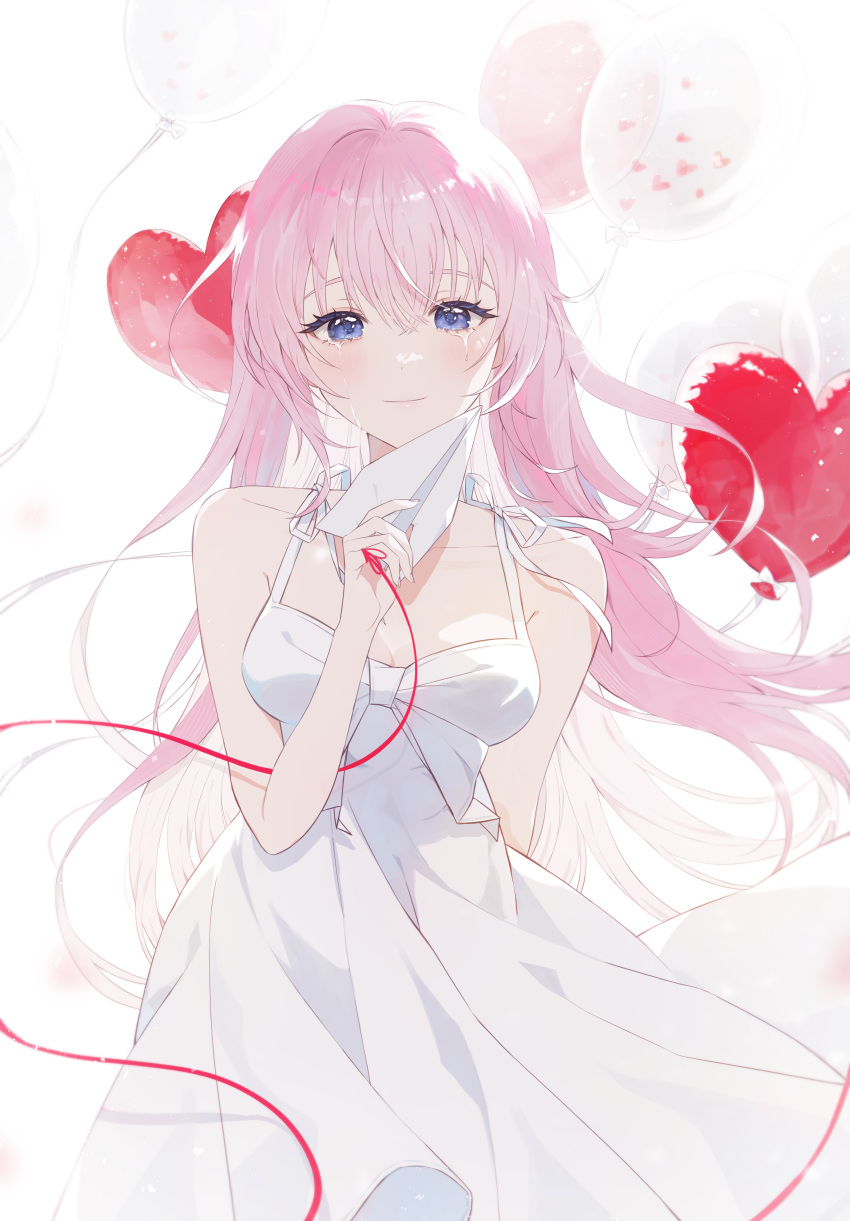 absurdres arm_behind_back balloon bare_shoulders blue_eyes blush breasts cleavage closed_mouth collarbone commentary cowboy_shot crying crying_with_eyes_open dress female hanchi_hachi heart_balloon highres holding_paper_airplane just_be_friends_(vocaloid) light_smile long_hair megurine_luka paper_airplane pink_hair sleeveless sleeveless_dress solo standing string string_of_fate tears very_long_hair vocaloid white_dress