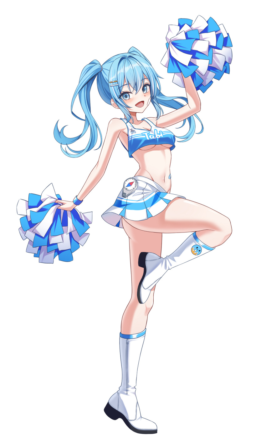 arahashi_tabi arm_behind_back arm_up bare_shoulders blue_eyes blue_hair boots breasts character_name cheerleader cleavage crop_top female full_body highres holding holding_pom_poms knee_boots long_hair looking_at_viewer navel open_mouth pom_pom_(cheerleading) simple_background skirt smile solo standing standing_on_one_leg stellive stomach twintails virtual_youtuber white_background white_footwear white_skirt yt9676