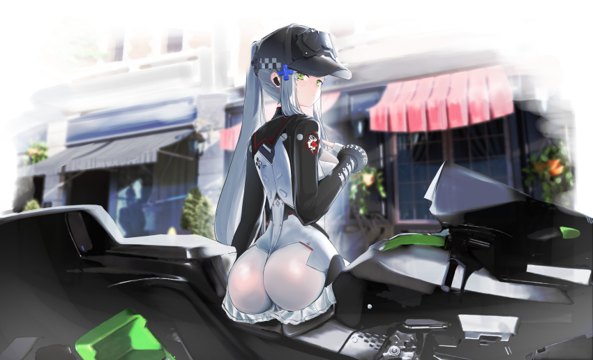 a-ah absurdres ass baseball_cap black_hat closed_mouth commentary expressionless female from_behind girls'_frontline girls'_frontline_2:_exilium green_eyes hand_on_own_chest hat highres hk416_(girls'_frontline) long_hair looking_at_viewer looking_back official_alternate_costume on_motorcycle outdoors ponytail sidelocks sitting solo white_hair