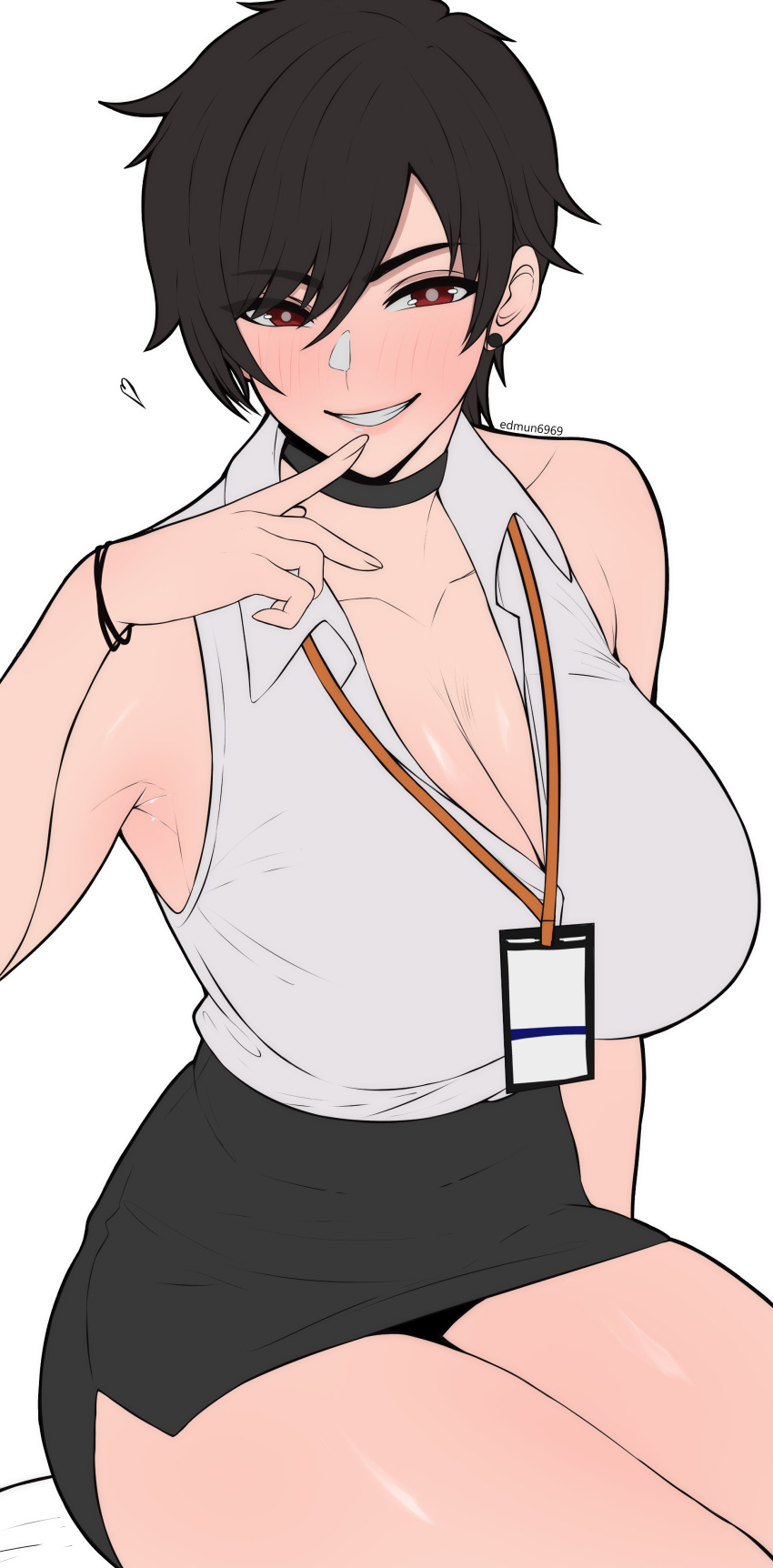 absurdres armpits bare_shoulders black_choker black_hair black_skirt blush breasts choker cleavage collared_shirt earrings edmun6969 english_commentary female finger_to_mouth grin highres huge_breasts id_card jewelry lanyard miniskirt office_lady olive_laurentia original pencil_skirt pixie_cut red_eyes shirt shirt_tucked_in short_hair sitting skirt sleeveless sleeveless_shirt smile solo swept_bangs thick_thighs thighs twitter_username white_background wristband