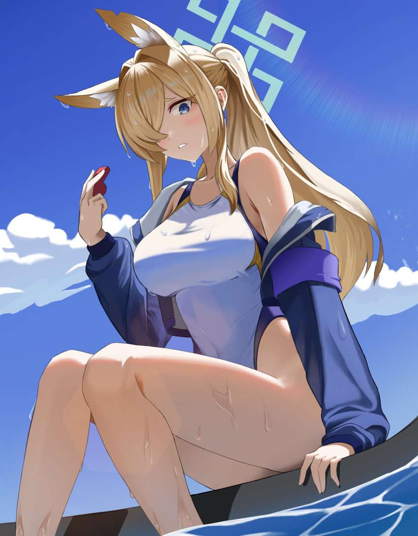 animal_ear_fluff animal_ears blonde_hair blue_archive blue_halo competition_swimsuit dog_ears dog_girl extra_ears female hair_over_one_eye halo highleg highleg_one-piece_swimsuit highres holding holding_whistle kanna_(blue_archive) kanna_(swimsuit)_(blue_archive) knees_together_feet_apart long_hair looking_at_viewer notched_ear official_alternate_costume one-piece_swimsuit purple_armband red_whistle sitting swimsuit wet whistle yeongae1211