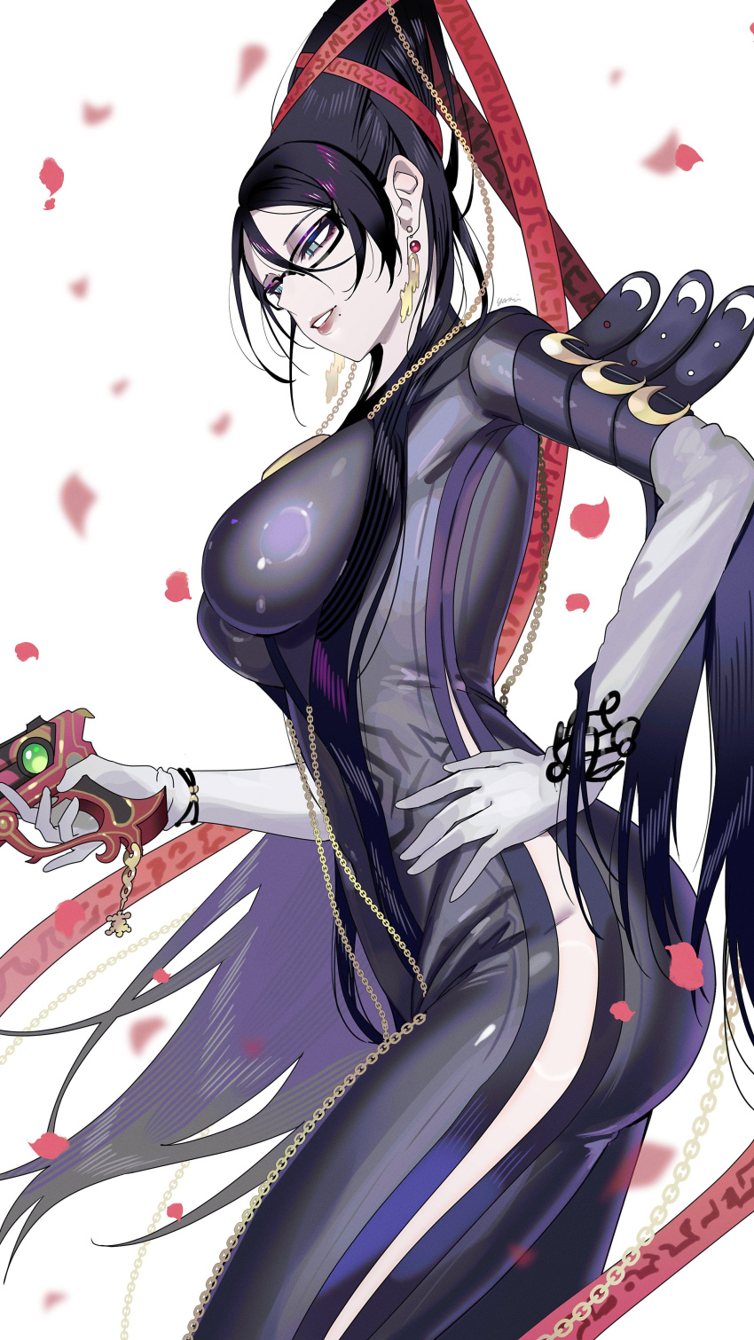 absurdres amulet ass bayonetta bayonetta_(series) bayonetta_1 beehive_hairdo black_bodysuit black_hair blue_eyes bodysuit breasts clothing_cutout earrings elbow_gloves eyeshadow female glasses gloves gun hand_on_own_hip hand_up highres holding holding_gun holding_weapon jewelry large_breasts long_hair makeup mole mole_under_mouth solo very_long_hair weapon white_gloves yasaikakiage