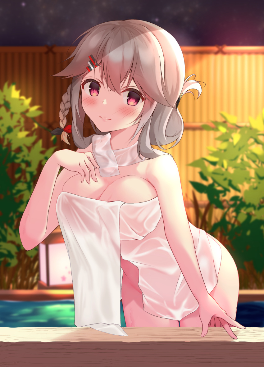 alternate_hairstyle backlighting bare_arms bare_shoulders blurry blurry_background blush braid breasts closed_mouth commentary_request cowboy_shot crossed_bangs debikuma female folded_ponytail grey_hair hair_between_eyes hair_ornament hair_ribbon hairclip hanasaki_work_spring hand_up happy highres large_breasts leaning_forward looking_at_viewer medium_hair multicolored_ribbon naked_towel night onsen outdoors red_eyes ribbon shiranui_inori single_braid smile solo split_mouth towel water wet white_towel