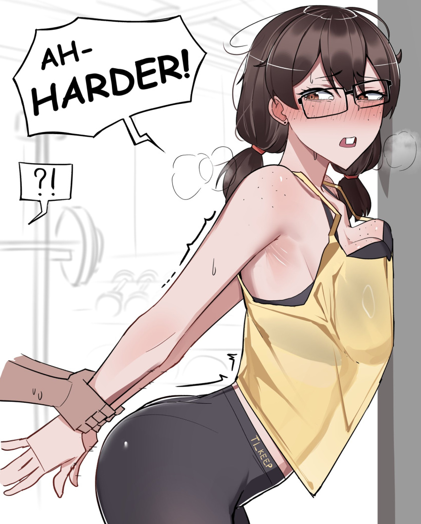 !? against_wall black_bra black_pants blush bra buck_teeth comic_sans commentary english_commentary english_text exercising female freckles glasses highres jimiko nerd_emoji original pants short_hair short_twintails stephanie_(ti_keep) stretching tank_top teeth ti_keep twintails underwear yellow_tank_top