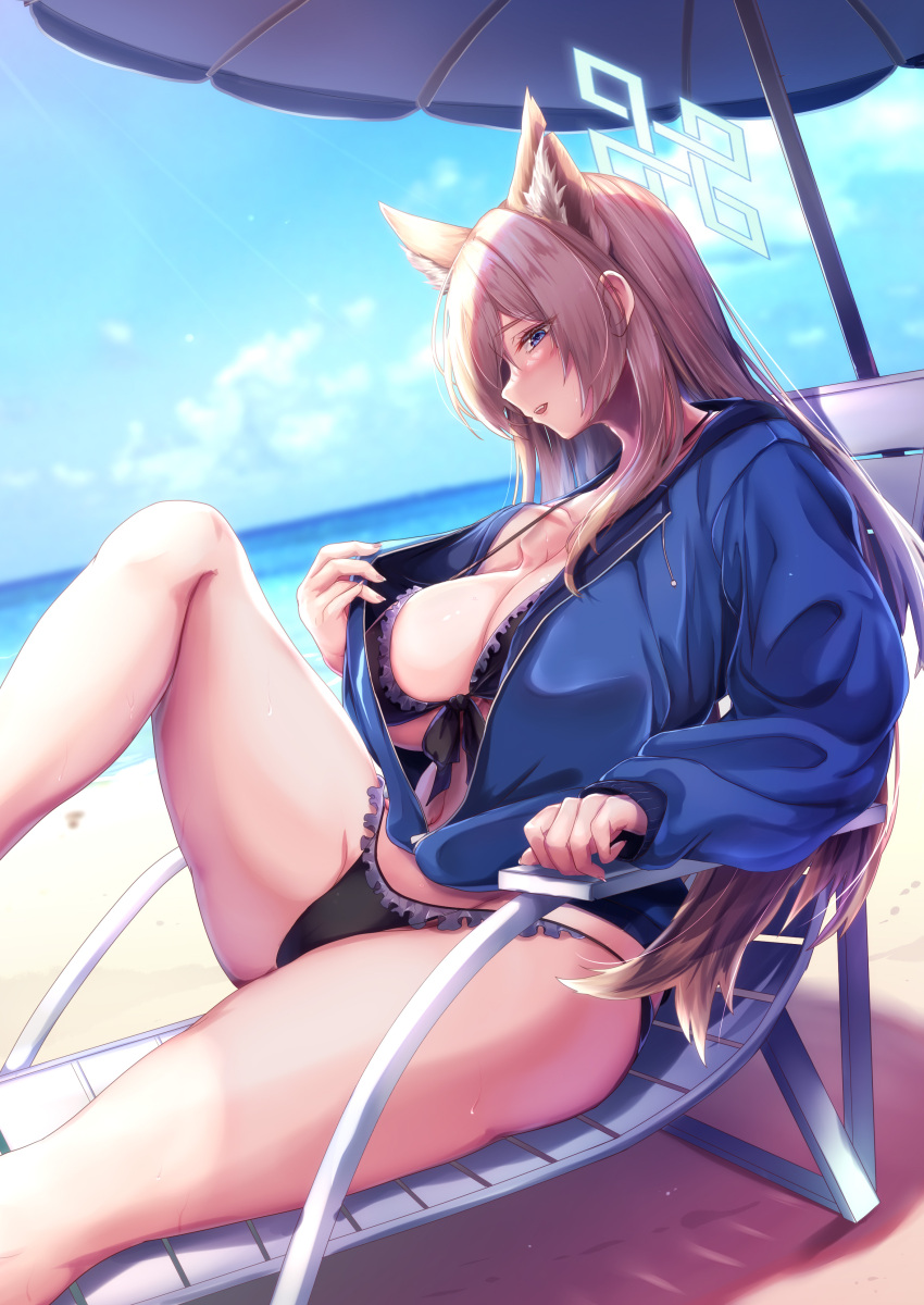 absurdres alternate_costume animal_ear_fluff animal_ears bikini black_bikini blonde_hair blue_archive blue_eyes blue_halo blue_jacket blue_sky blush breasts brown_hair cleavage collarbone dog_ears dog_girl extra_ears female from_side halo highres jacket kanna_(blue_archive) large_breasts long_hair long_sleeves ocean outdoors parasol parted_lips partially_unzipped saboten_teishoku sitting sky smile solo swimsuit umbrella water