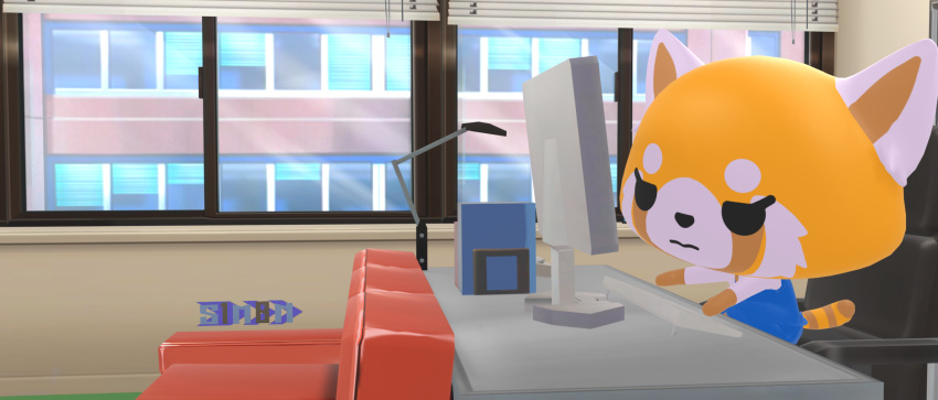 3d_(artwork) aggretsuko ailurid annoyed anthro blender_(artwork) blender_eevee book chair city cityscape computer digital_media_(artwork) electronics female folder furniture hi_res humanoid mammal office office_chair red_panda retsuko s1m0n sanrio short_stack sitting_on_book sofa solo