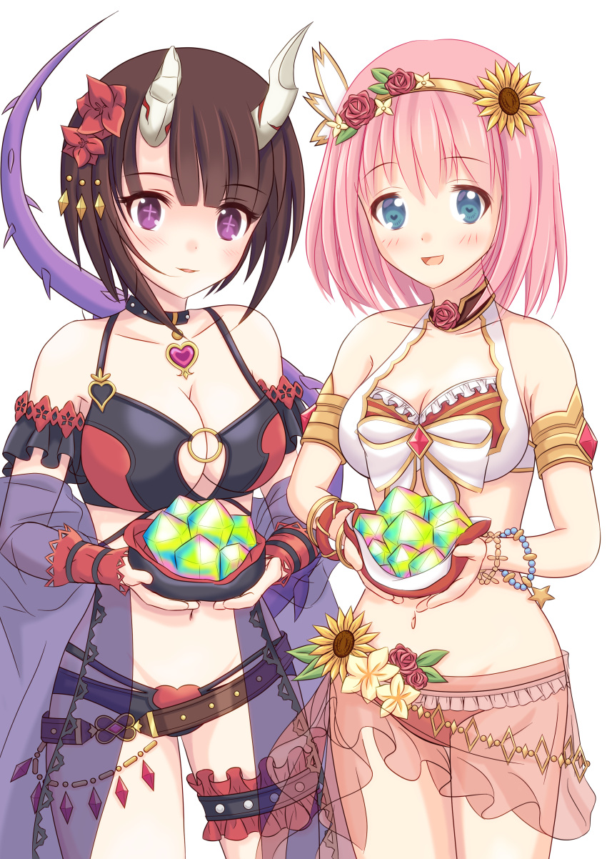 +_+ 2girls absurdres armlet bead_bracelet beads bikini black_bikini black_choker black_hair blue_eyes bracelet breasts broken_horn choker cleavage demon_girl demon_horns demon_tail eriko_(princess_connect!) eriko_(summer)_(princess_connect!) flower frilled_bikini frills gold_bracelet gold_hairband hair_flower hair_ornament hairband heart heart_choker highres holding horns jewelry large_breasts layered_bikini multi-strapped_bikini_bottom multiple_girls natsu_(pixiv91352603) navel o-ring o-ring_bikini o-ring_top open_mouth pink_hair princess_connect! purple_eyes purple_shawl purple_tail red_bikini sarong see-through see-through_sarong see-through_shawl shawl simple_background smile spiked_tail standing sunflower sunflower_hair_ornament swimsuit tail two-tone_bikini white_background white_bikini yui_(princess_connect!) yui_(summer)_(princess_connect!)