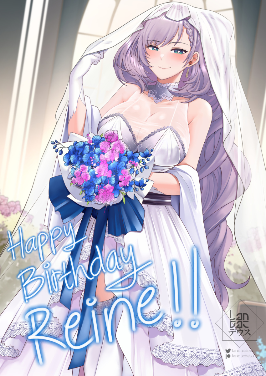 blush bouquet braid breasts bridal_veil bride dress earrings female grey_hair hair_ornament happy_birthday highres holding holding_bouquet hololive hololive_indonesia jewelry landacdeus large_breasts long_hair looking_at_viewer pavolia_reine smile solo veil virtual_youtuber wedding_dress