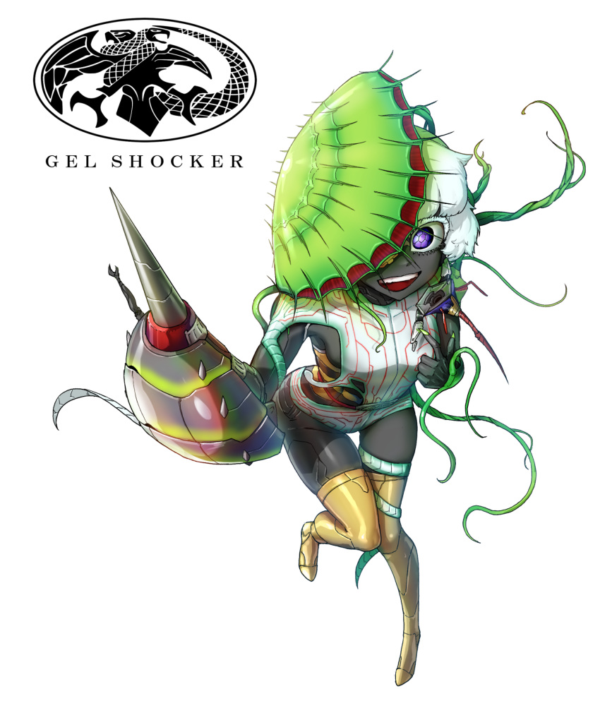 arthropod_girl bee_girl belt belt_buckle black_skin boots buckle colored_eyelashes colored_skin commentary compound_eyes cyborg eidenjyou1997 english_commentary female fingernails genderswap_(mtf) green_nails haetori_bachi highres kaijin kamen_rider kamen_rider_(1st_series) logo monster_girl open_mouth plant plant_girl purple_eyes red_belt rule_63 sharp_fingernails simple_background solo stinger teeth thigh_boots upper_teeth_only venus_flytrap vines white_background white_hair yellow_footwear