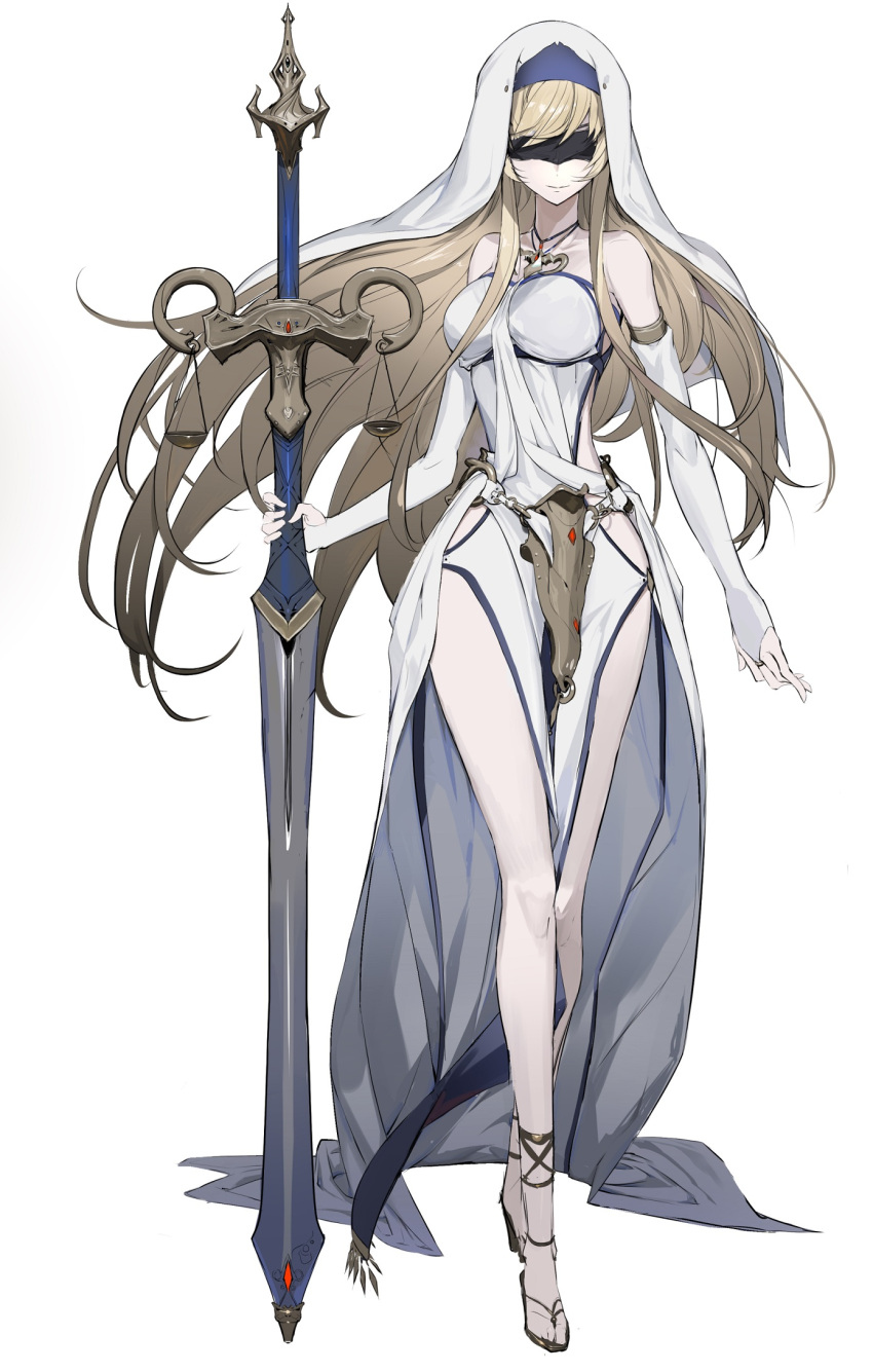 bare_legs bare_shoulders black_blindfold blindfold blonde_hair breasts closed_mouth clothing_cutout commentary commentary_request commission dress elbow_gloves female fingerless_gloves gloves goblin_slayer! high_heels highres holding holding_staff large_breasts long_hair panko_(drive_co) side_cutout skeb_commission solo staff sword_maiden toes weighing_scale white_background white_dress white_gloves white_veil