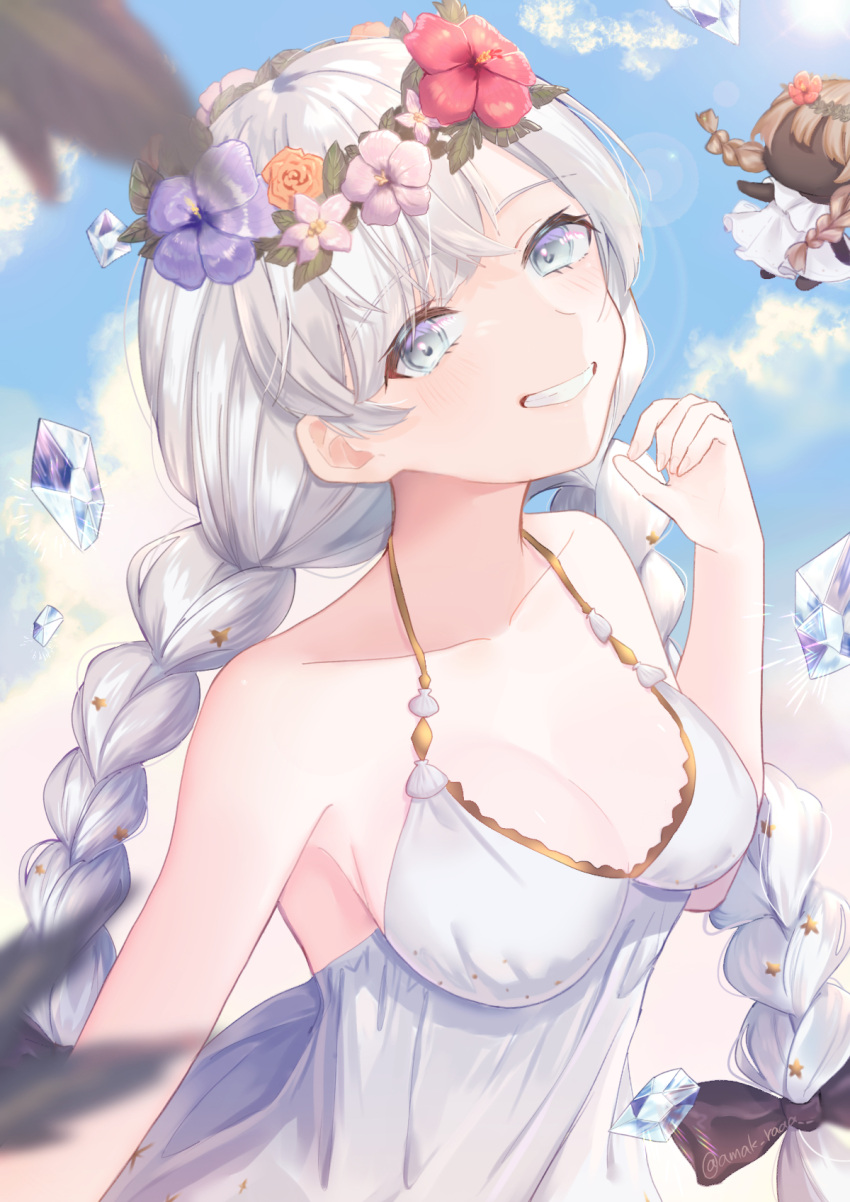 amak_raaa anastasia_(fate) anastasia_(swimsuit_archer)_(fate) anastasia_(swimsuit_archer)_(second_ascension)_(fate) bare_shoulders black_bow blue_sky bow braid breasts cleavage cloud commentary_request dress dress_swimsuit fate/grand_order fate_(series) female fingernails flower flower_wreath grey_eyes grin hair_ornament hair_over_one_eye hairbow hand_up head_wreath hibiscus highres ice long_hair looking_at_viewer orange_flower pink_flower purple_flower red_flower sky smile star_(symbol) star_hair_ornament twin_braids upper_body very_long_hair viy_(fate) white_dress white_hair