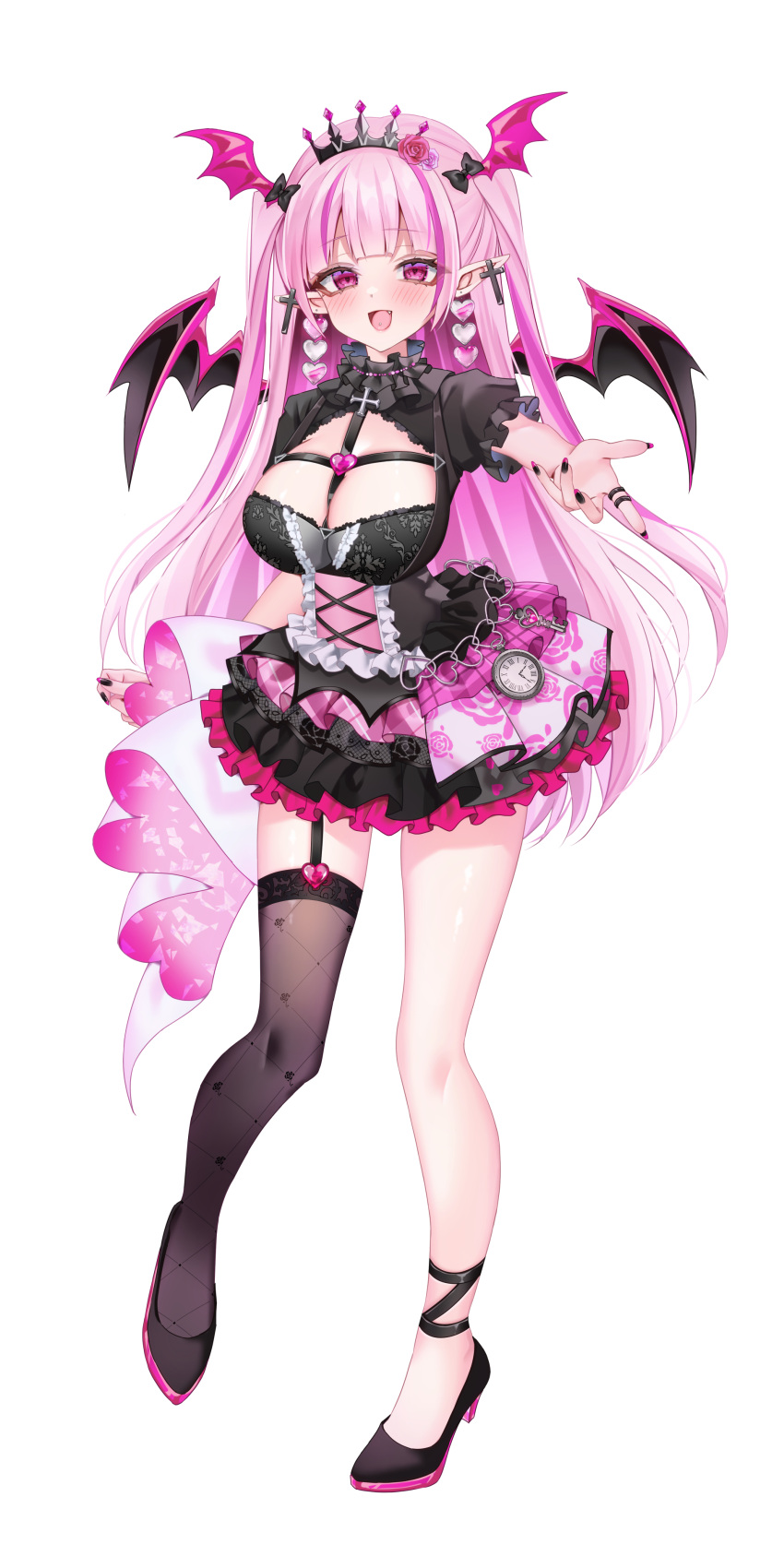 absurdres bat_wings black_dress black_footwear black_nails blush bow breasts charm_(object) chierishu cleavage clothing_cutout cross_piercing demon_girl demon_horns demon_tail demon_wings dress earrings female frills full_body garter_straps hairbow heart heart-shaped_pupils high_heels highres horns iriam jewelry large_breasts long_hair looking_at_viewer nail_polish oerba_yun_fang official_art open_mouth piercing pink_eyes pink_hair pink_nails pocket_watch puffy_sleeves shoes simple_background skirt smile solo standing stud_earrings symbol-shaped_pupils tachi-e tail thigh_strap thighhighs tiara tongue_piercing two-tone_nails very_long_hair virtual_youtuber watch white_background wings