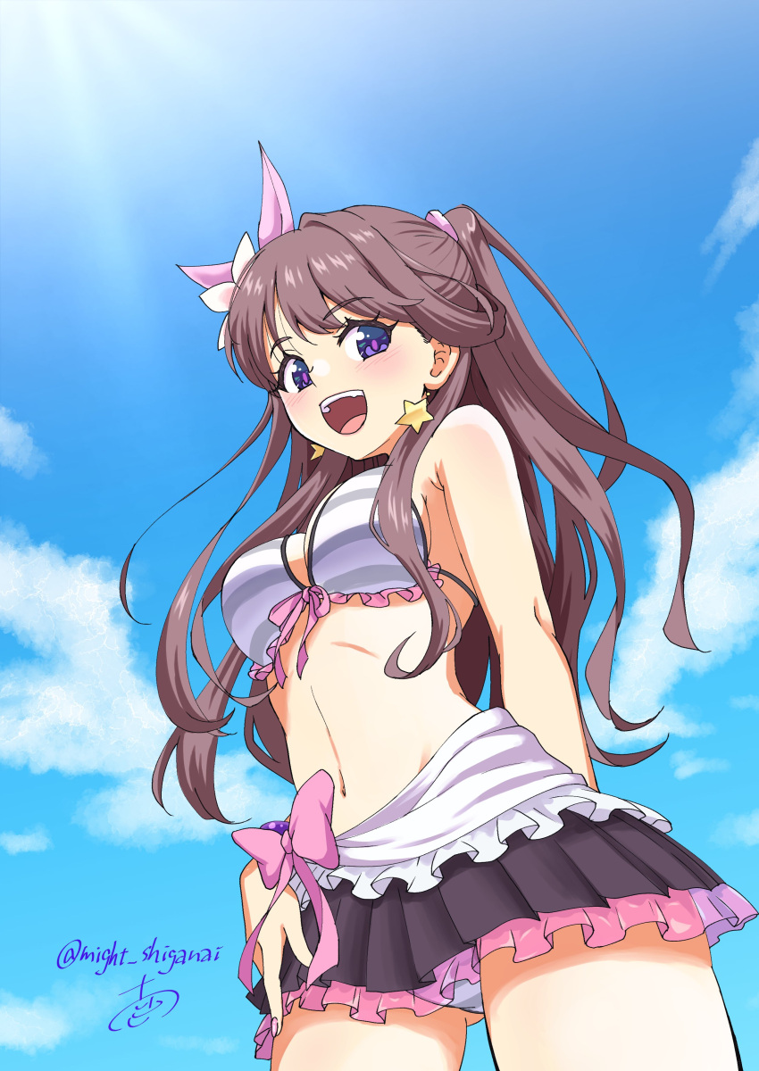 :d absurdres armpit_crease ass_visible_through_thighs bikini bikini_skirt blue_sky breasts brown_hair cleavage cloud commentary_request cosplay cowboy_shot day earrings female flower fujishima_megumi grey_bikini hair_flower hair_ornament highres jewelry large_breasts link!_like!_love_live! long_hair looking_at_viewer love_live! love_live!_school_idol_project m-shiganai miniskirt natsuiro_egao_de_1_2_jump! navel official_alternate_costume open_mouth pleated_skirt purple_eyes signature skirt sky smile solo star_(symbol) star_earrings stomach striped_bikini striped_clothes swimsuit teeth twitter_username two-tone_bikini two_side_up upper_teeth_only white_bikini white_flower yazawa_nico yazawa_nico_(cosplay)