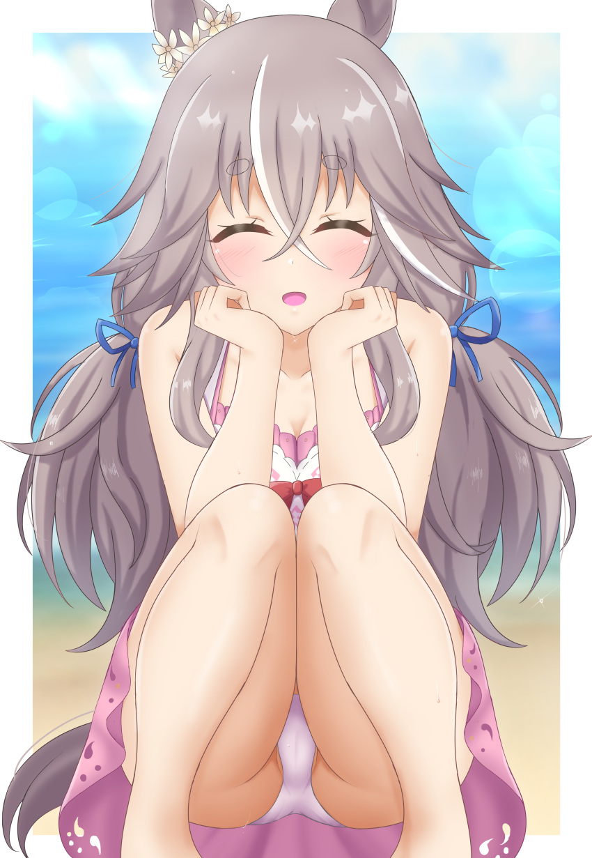 absurdres animal_ears beach blurry blurry_background breasts cameltoe cleavage cleft_of_venus closed_eyes collarbone female grey_hair hair_ornament highres horse_ears horse_girl horse_tail kusarigama_sshimi ocean sky small_breasts solo squatting swimsuit tail thick_eyebrows umamusume wonder_acute_(that_summer's_cut-off_line)_(umamusume) wonder_acute_(umamusume)