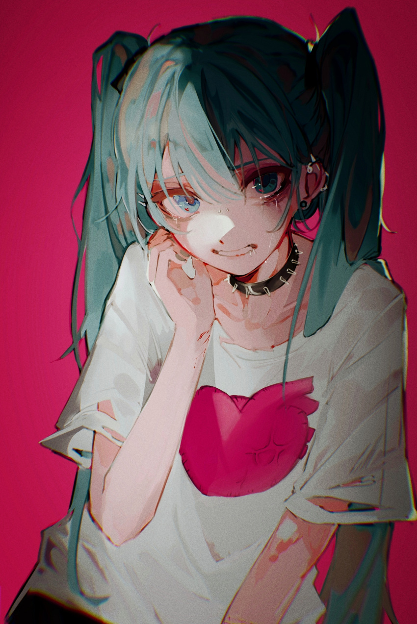 absurdres anti-eyebrow_piercing aqua_eyes aqua_hair aqua_nails blue_eyes chromatic_aberration clenched_teeth collar collarbone crying crying_with_eyes_open cuts drooling ear_piercing female hair_between_eyes hand_up hatsune_miku highres injury lip_piercing long_hair looking_at_viewer motokitoki piercing pink_background print_shirt sad sad_girl_sex_(vocaloid) self-harm shirt simple_background solo spiked_collar spikes t-shirt tears teeth torn_clothes twintails upper_body very_long_hair vocaloid