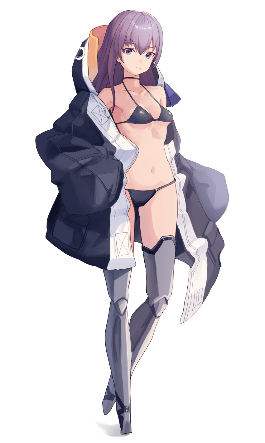 absurdres animal_hood bikini black_bikini black_choker black_jacket blue_eyes breasts choker collarbone commentary_request fate/grand_order fate_(series) female full_body ggab0621 hair_between_eyes highres hood hood_down hooded_jacket jacket korean_commentary long_hair looking_at_viewer meltryllis_(fate) meltryllis_(swimsuit_lancer)_(fate) meltryllis_(swimsuit_lancer)_(first_ascension)_(fate) multicolored_clothes multicolored_jacket navel open_clothes open_jacket penguin_hood purple_hair simple_background small_breasts solo standing stomach string_bikini swimsuit white_background white_jacket