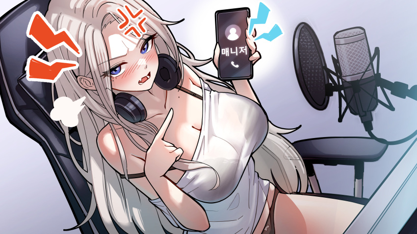 absurdres anger_vein black_bra black_panties blue_eyes bra bra_visible_through_clothes breasts chair cleavage collarbone female gaming_chair gotica grey_hair headphones headphones_around_neck highres holding holding_phone large_breasts lee_rein long_hair microphone mole mole_under_eye oerba_yun_fang open_mouth panties phone shirt sitting skin_fang solo strap_slip studio_microphone swivel_chair underwear virtual_youtuber vlyz white_shirt