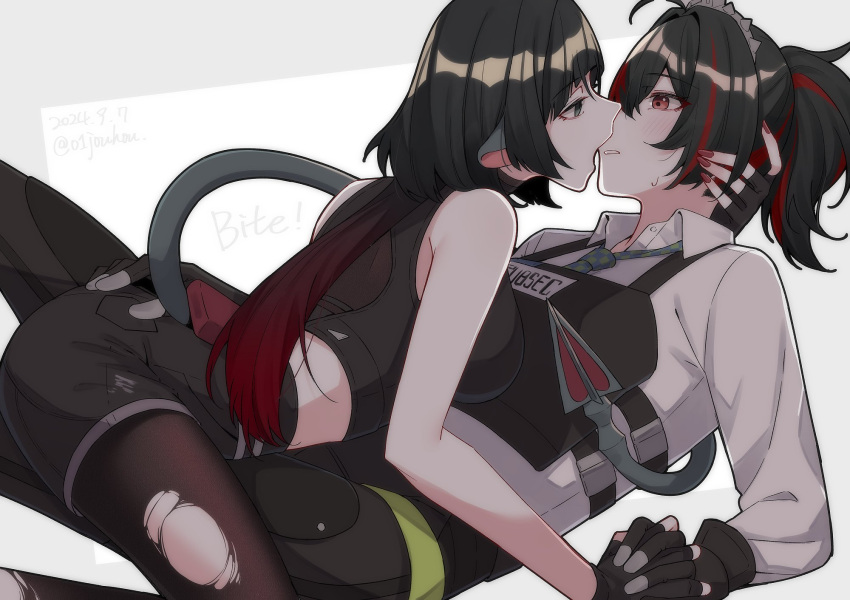 2girls animal_ears black_gloves black_hair black_pants black_pantyhose black_shirt black_shorts blush collared_shirt commentary_request dated english_text fingerless_gloves gloves grabbing_another's_ass gradient_hair grey_background grey_eyes groping hand_on_another's_neck highres holding_hands imminent_kiss interlocked_fingers jane_doe_(zenless_zone_zero) jouhou load_bearing_vest long_hair midriff mouse_ears mouse_tail multicolored_hair multiple_girls pants pantyhose ponytail red_eyes red_hair red_nails shirt shorts sleeveless sleeveless_shirt streaked_hair sweatdrop tail torn_clothes torn_pantyhose twitter_username white_shirt yuri zenless_zone_zero zhu_yuan