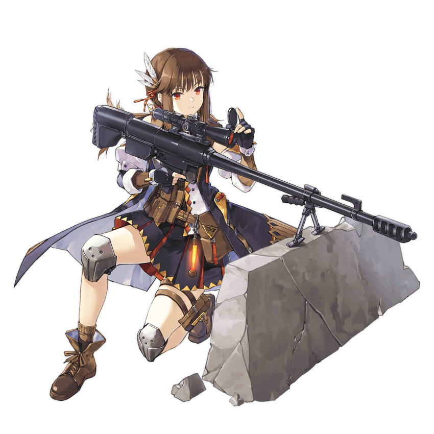 anti-materiel_rifle behind_cover bird black_gloves boots brown_footwear brown_hair brown_socks closed_mouth coat falcon falcon_(girls'_frontline) falcon_(mod3)_(girls'_frontline) falconry feather_hair_ornament feathers female fingerless_gloves girls'_frontline gloves glowstick gun hair_ornament hao_(patinnko) highres holding holding_gun holding_weapon jersey_barrier knee_pads long_hair looking_through_scope official_alternate_costume official_art penlight_(glowstick) red_eyes rifle scope simple_background sleeveless sleeveless_coat smile sniper_rifle socks solo third-party_source transparent_background trigger_discipline weapon zvi_falcon