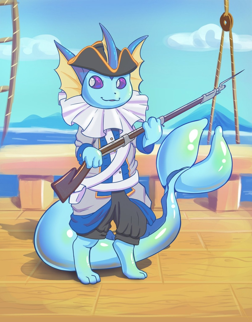 3_toes barefoot belt clothed clothing day detailed_background digitigrade eeveelution feet frostynoten generation_1_pokemon gun hat headgear headwear hi_res mountain nintendo outside pokemon pokemon_(species) ranged_weapon rifle rigging rope sea ship standing tail toes vaporeon vehicle water watercraft weapon