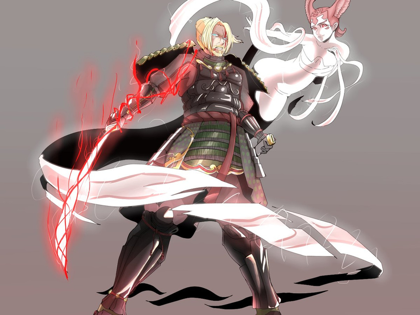 1boy armor beard blonde_hair blood clenched_teeth female hanazawasuou injury katana looking_at_viewer nioh samurai saoirse sword weapon william_(nioh)