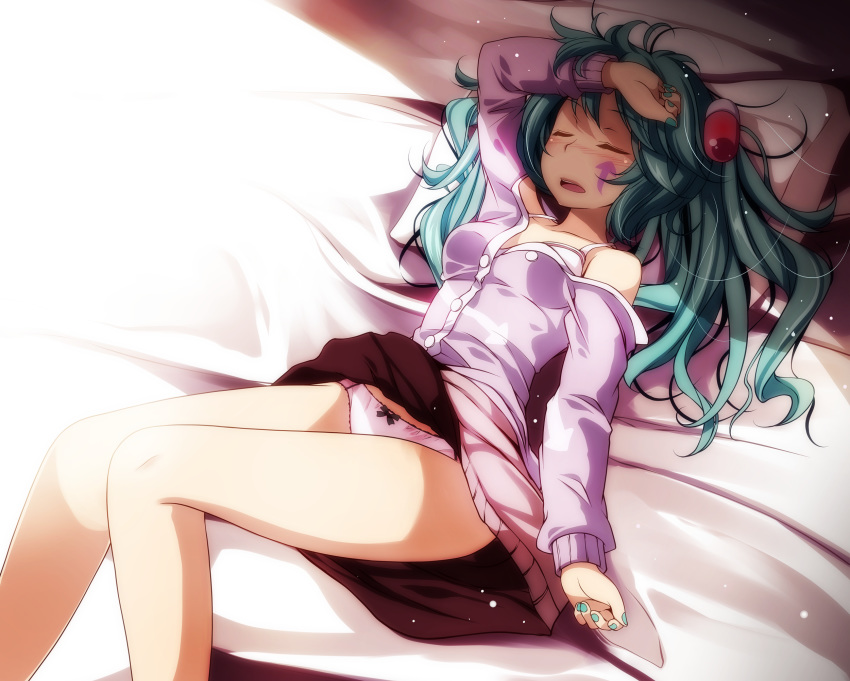 aqua_hair aqua_nails arm_at_side arm_up bad_id bad_pixiv_id bare_legs bare_shoulders bed_sheet blush bow bow_panties bra breasts buttons cleavage closed_eyes day facial_mark feet_out_of_frame female hair_ornament hand_on_forehead hatsune_miku high_fever_(module) highres jacket knees_up long_hair long_sleeves lying medium_breasts messy_hair miniskirt nail_polish nose_blush off_shoulder on_back on_bed open_mouth panties pantyshot pillow pink_jacket pink_panties pink_skirt project_diva_(series) skirt sleeping slow_motion_(vocaloid) solo sunlight thighs tsukishiro_saika twintails underwear upskirt vocaloid white_bra