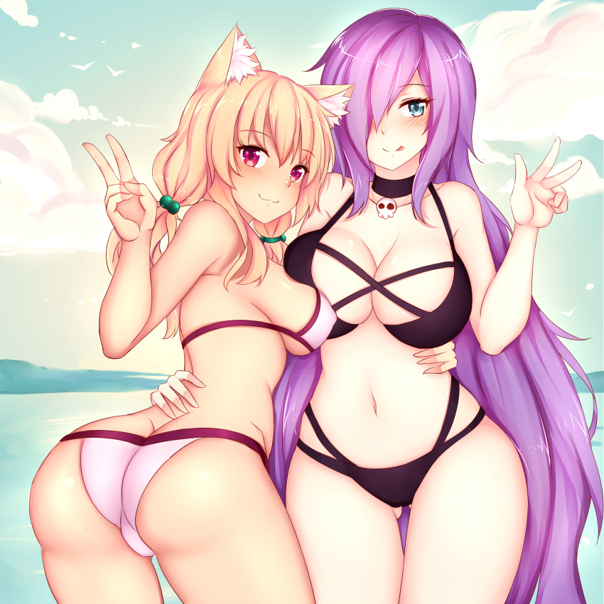 2girls :3 :d absurdres animal_ear_fluff animal_ears arched_back ass ass_visible_through_thighs bikini blonde_hair blue_eyes blush breast_press breasts choker cleavage cloud cloudy_sky collaboration collarbone commentary contrapposto cowboy_shot day english_commentary foxykuro from_behind hair_ornament hair_over_one_eye highres hug kurona_reole large_breasts leaning_forward long_hair looking_at_viewer looking_back low_twintails multiple_girls navel nottytiffy ocean open_mouth original outdoors pink_bikini purple_bikini purple_eyes purple_hair sideboob sidelocks sky smile standing swimsuit thigh_gap tiffy_(nottytiffy) trefoil twintails v water