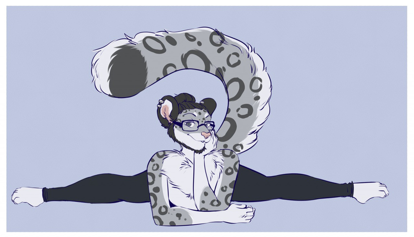 anthro border felid femboy flexible fluffy fluffy_tail grey_background looking_at_viewer lying male mammal mattie_(disambiguation) on_front pantherine simple_background snow_leopard solo splits spread_legs spreading tail wasabitea white_border