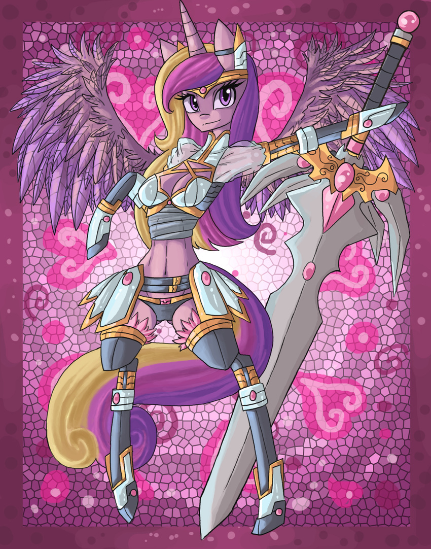 2015 alicorn anthro anthrofied armor blonde_hair breasts cleavage clothed clothing convincing_weapon equid equine feathered_wings feathers female friendship_is_magic fur hair hasbro heart_symbol hi_res horn long_hair looking_at_viewer mammal melee_weapon my_little_pony mythological_creature mythological_equine mythology navel panties pink_body pink_feathers pink_fur pink_hair princess_cadance_(mlp) purple_body purple_eyes purple_feathers purple_fur purple_hair raptor007 skimpy solo sword unconvincing_armor underwear weapon wings yellow_body yellow_fur