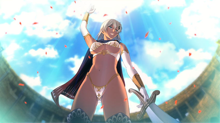 arena bikini bikini_armor blue_eyes blush breasts cape claudia_azure clouds dark_skin dungeon_of_regalias:_haitoku_no_miyako_ishgalia elbow_gloves from_below game_cg highleg highleg_bikini highres holding holding_sword holding_weapon kogal large_breasts legs looking_away m&m mound_of_venus navel original outdoors petals public short_hair sky smile solo standing sunlight swimsuit sword thigh_boots thighs thong underboob weapon white_hair