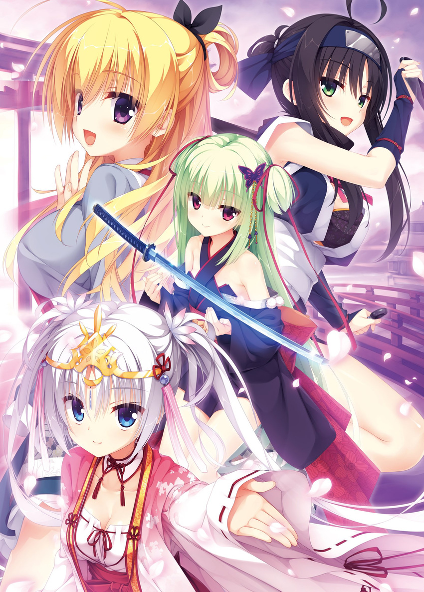 4girls :d ahoge bare_shoulders black_hair black_ribbon blue_eyes breasts butterfly_hair_ornament cleavage commentary_request green_eyes green_hair hair_ornament hair_ribbon hairband highres hitachi_mako japanese_clothes katana kobuichi kunai large_breasts lena_liechtenauer long_hair looking_at_viewer miko multiple_girls murasame_(senren) muririn ninja official_art open_mouth pink_eyes purple_eyes red_ribbon ribbon ribbon-trimmed_sleeves ribbon_trim saishi senren_banka sleeves_past_wrists smile sword tiara tomotake_yoshino twintails two_side_up weapon white_hair wide_sleeves