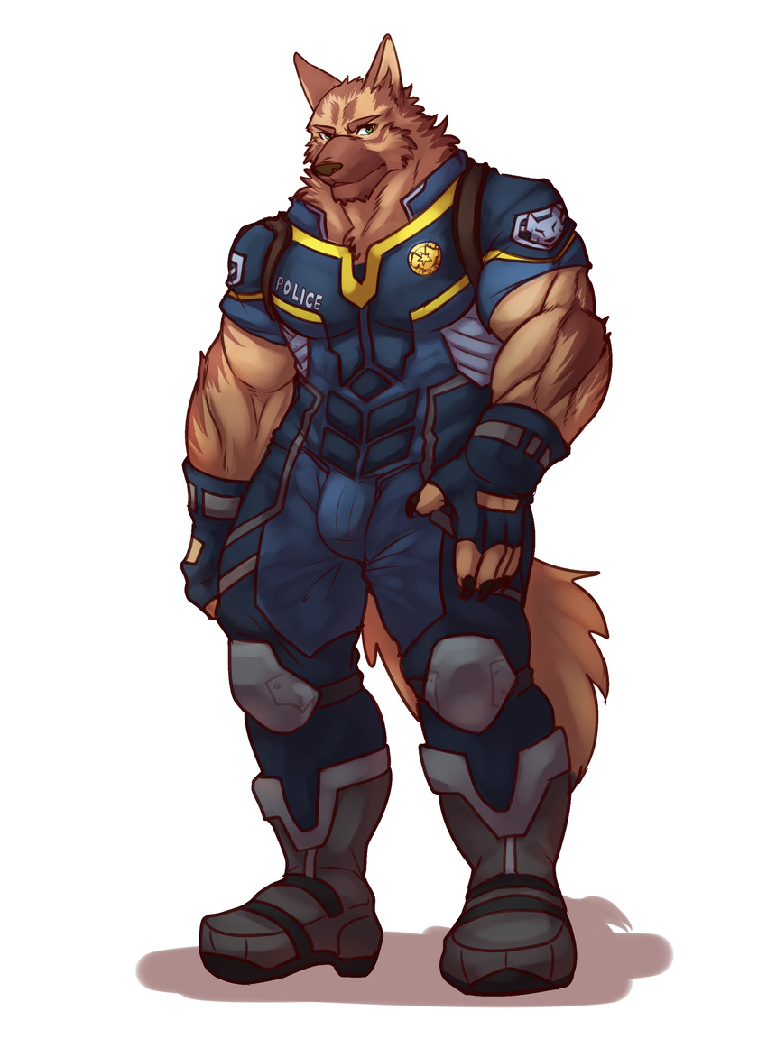 absurd_res anthro armor athletic biceps boots bulge canid canine canis clothed clothing domestic_dog fingerless_gloves footwear fully_clothed fur german_shepherd gloves green_eyes handwear herding_dog hi_res istani male mammal muscular muscular_anthro officer_benson pastoral_dog pecs police simple_background solo uniform white_background