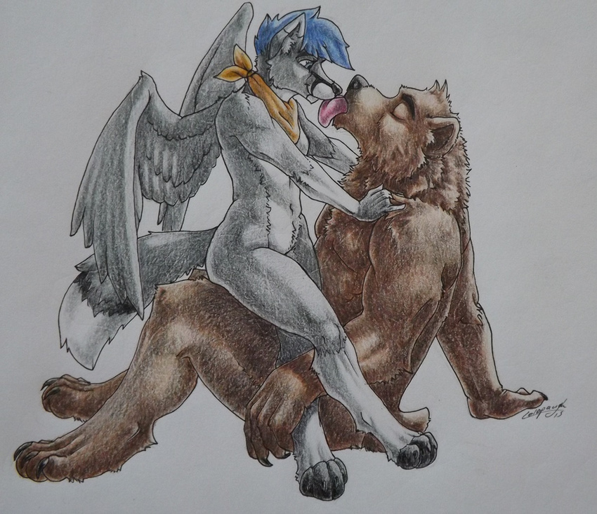 ambiguous_gender anthro avoid_posting bandana bear blue_hair brown_bear brown_body brown_fur canid canine closed_eyes clothing duo feathered_wings feathers fox foxeh fur grizz grizzly_bear hair hybrid kerchief licking male male/ambiguous mammal sinistervibe sitting tongue tongue_out traditional_media_(artwork) ursine wings