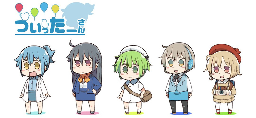 0_0 5girls :d ahoge bag balloon barefoot beret black_hair black_legwear blazer blue_hair bow bowtie camera chibi commentary_request facebook facebook-san frown green_eyes green_hair grey_hair half-closed_eyes hand_on_own_hip hat headset instagram instagram-san jacket jitome lab_coat light_brown_hair line-san line_(naver) long_hair messenger_bag multiple_girls open_mouth pantyhose personification ponytail red_eyes sailor_hat short_hair short_twintails shoulder_bag simple_background skirt skype smile standing tsukigi twintails twitter twitter-san twitter-san_(character) vest white_background white_legwear yellow_eyes