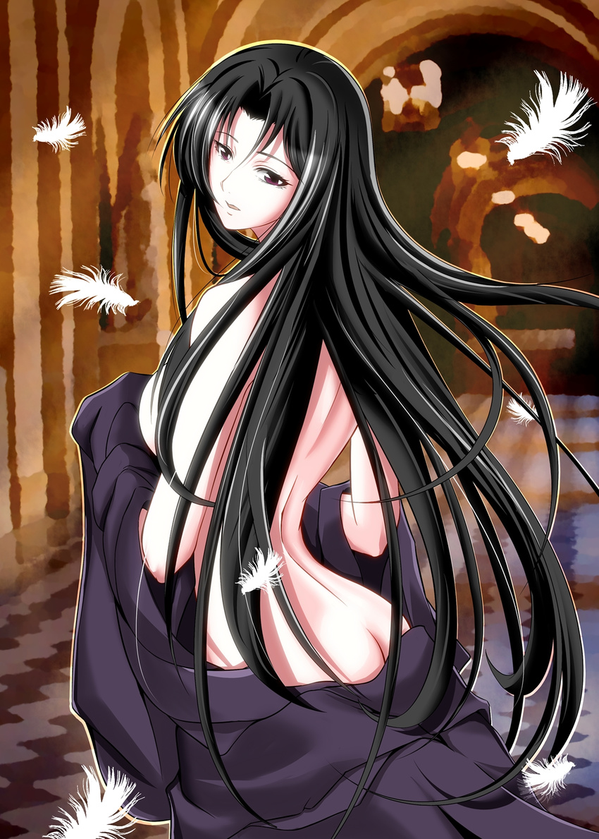 ass bad_id bad_pixiv_id black_eyes black_hair breasts commentary_request feathers female from_behind highres indoors long_hair looking_at_viewer looking_back marishiten medium_breasts pandora_(saint_seiya) saint_seiya saint_seiya:_the_lost_canvas sideboob solo