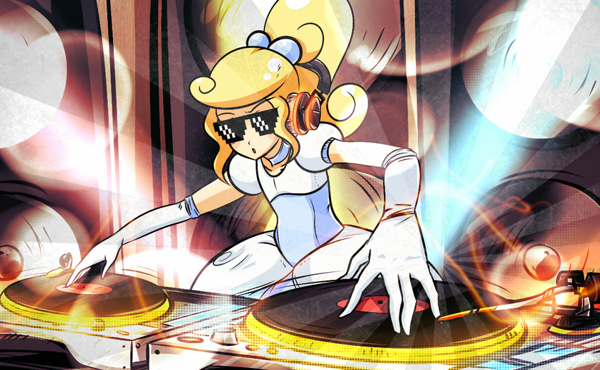 choker commentary dj dress elbow_gloves female gloves headphones i_am_jemboy original ponytail record solo sunglasses tsunderella_(i_am_jemboy)