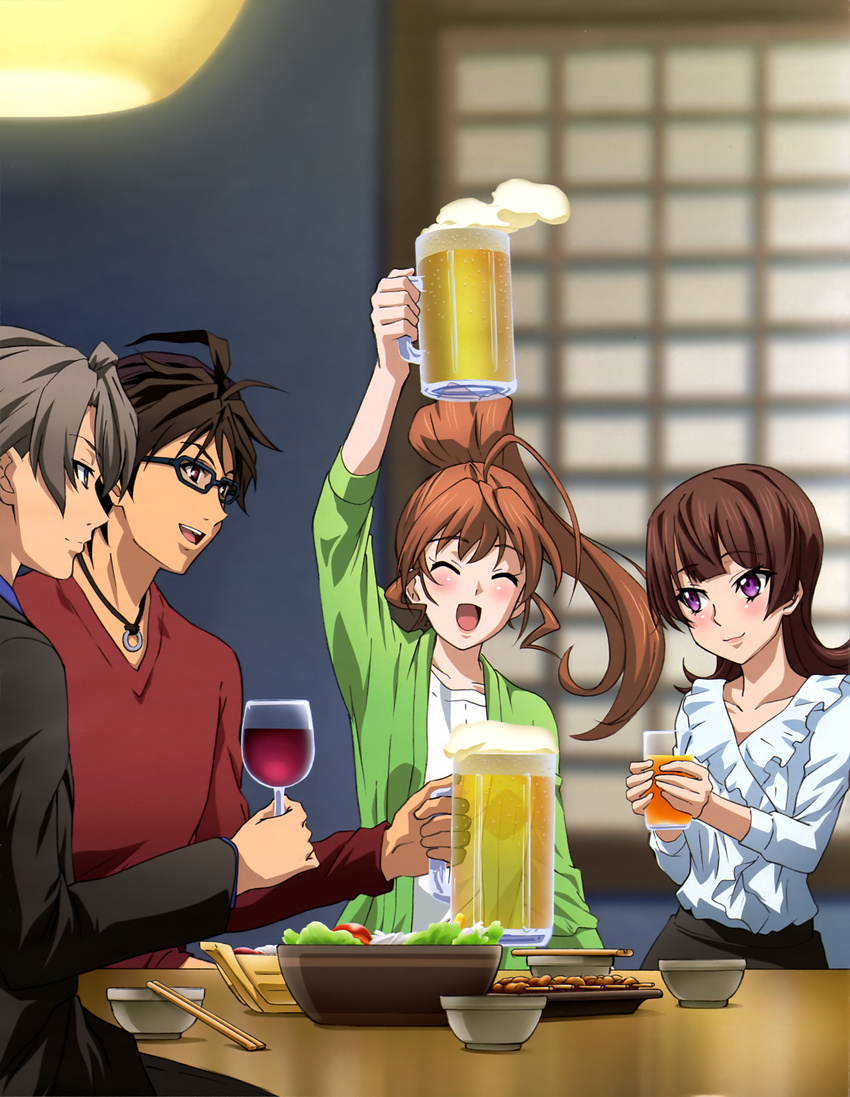 2boys 2girls absurdres active_raid alcohol arm_up beer beer_mug bowl brown_eyes brown_hair casual chopsticks closed_eyes cup drinking_glass eyebrows food glasses grey_hair high_ponytail highres holding holding_cup indoors jewelry kazari_asami kuroki_takeru long_hair meat mug multiple_boys multiple_girls necklace open_mouth purple_eyes salad short_hair sitting smile souichirou_sena toasting_(gesture) wine wine_glass yamabuki_rin