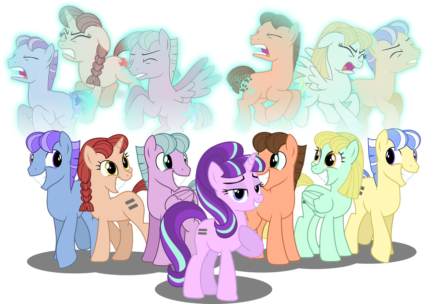 2015 = absurd_res alpha_channel beehive_(hairstyle) braided_hair cutie_mark equid equine feathered_wings feathers female feral friendship_is_magic group hair hasbro hi_res horn male mammal my_little_pony mythological_creature mythological_equine mythology pegasus simple_background starlight_glimmer_(mlp) theshadowstone unicorn wings