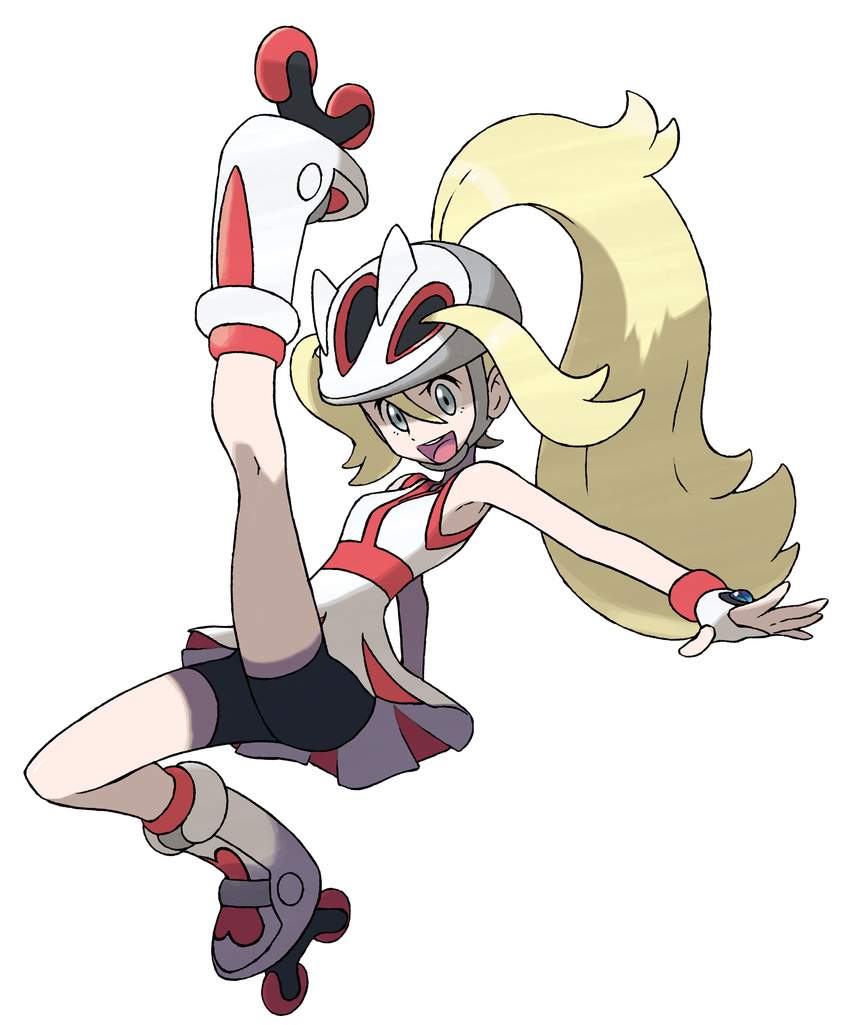 armpits blonde_hair blue_eyes female gym_leader helmet highres kneepits knees koruni_(pokemon) nintendo official_art pokemon pokemon_(game) pokemon_xy roller_skates skates solo two_side_up