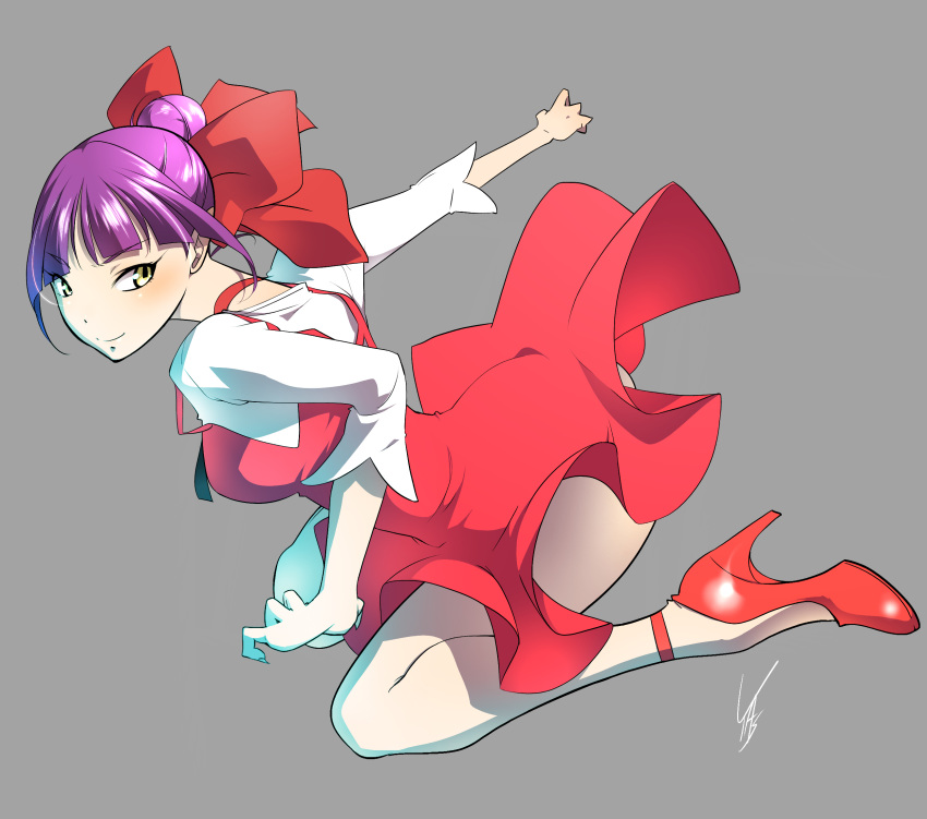 choke dress female gegege_no_kitarou high_heels legs lipstick nekomusume nekomusume_(gegege_no_kitarou_6) purple_hair red_bow red_dress red_footwear solo white_shirt yellow_eyes