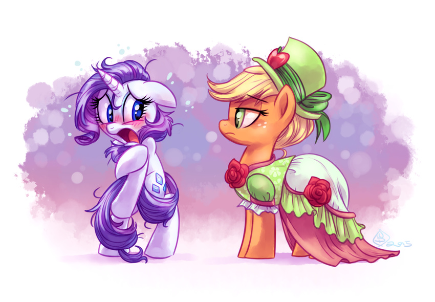 2015 applejack_(mlp) blonde_hair blue_eyes blush clothing covering cutie_mark dress duo earth_pony embarrassed equid equine female feral friendship_is_magic fur green_eyes hair hasbro hat headgear headwear horn horse mammal my_little_pony mythological_creature mythological_equine mythology pony purple_hair rarity_(mlp) unicorn white_body white_fur whitediamonds