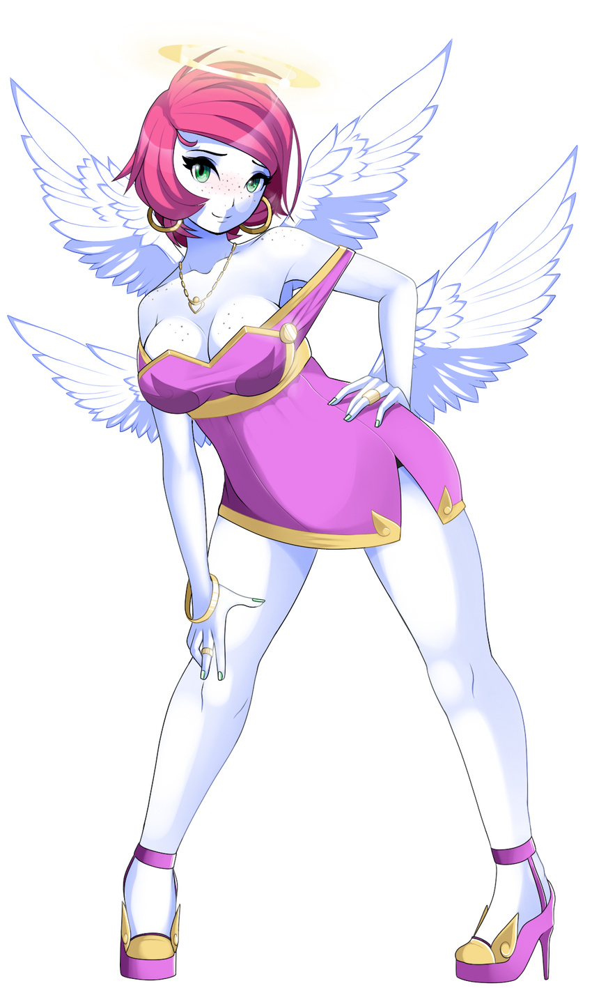 alpha_channel angel angel_humanoid breasts cleavage clothed clothing digit_ring ear_piercing ear_ring feathered_wings feathers female finger_ring footwear freckles green_eyes hair halo hand_on_hip hi_res high_heels humanoid jewelry looking_at_viewer not_furry official_art piercing pink_hair ring_piercing rubi_(wings_of_vi) shoes simple_background solgryn solo transparent_background white_body white_skin winged_humanoid wings wings_of_vi