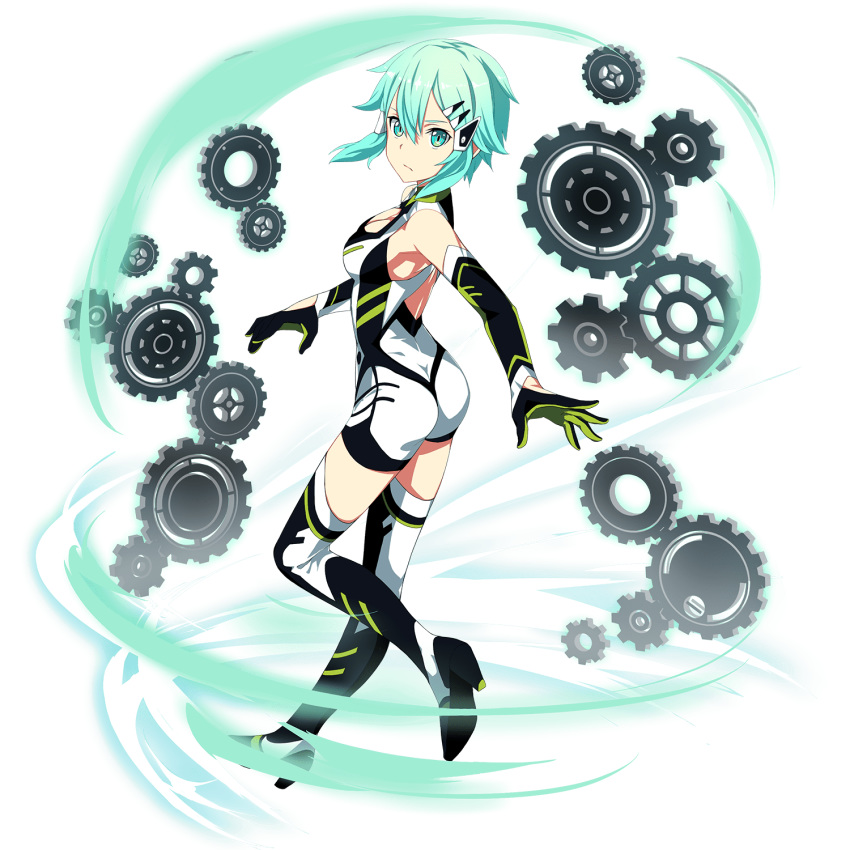 aqua_eyes aqua_hair ass bare_shoulders bikesuit bodysuit boots breasts elbow_gloves female frown gears gloves hairclip looking_at_viewer medium_breasts shinon_(sao) short_hair skin_tight solo sword_art_online thigh_boots thighhighs transparent_background