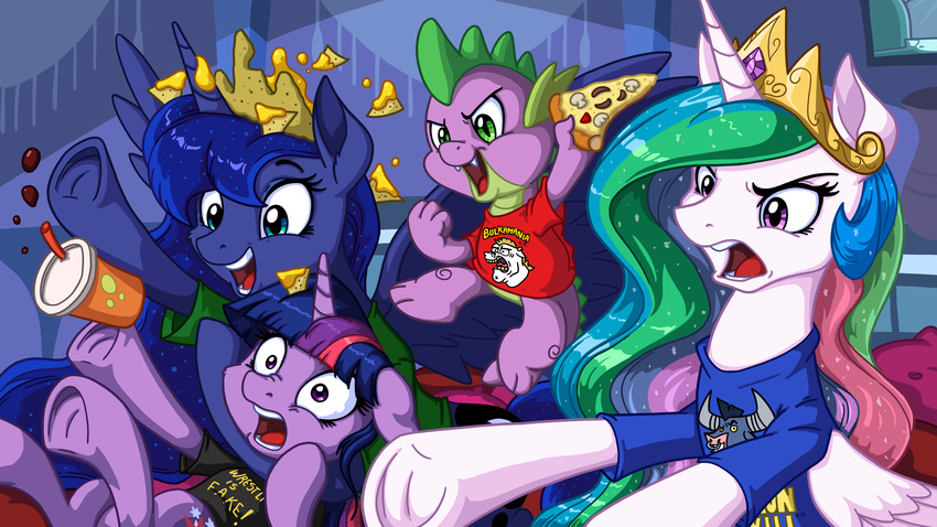 16:9 2015 alicorn blue_body blue_feathers blue_hair bulk_biceps_(mlp) chips_(food) clothing cutie_mark dragon equid equine feathered_wings feathers female feral food friendship_is_magic fur group hair hasbro hi_res horn iron_will_(mlp) latecustomer long_hair mammal multicolored_hair my_little_pony mythological_creature mythological_equine mythological_scalie mythology open_mouth pizza princess_celestia_(mlp) princess_luna_(mlp) purple_body purple_fur purple_hair scalie shirt spike_(mlp) tail topwear twilight_sparkle_(mlp) two_tone_hair unicorn white_body white_feathers widescreen wings