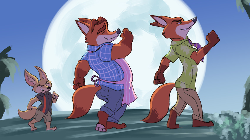 anthro apron baron_puddin_paws canid canine clothed clothing disney finnick_(zootopia) fox gideon_grey group hakuna_matata male mammal moon nick_wilde parody pawpads walking zootopia