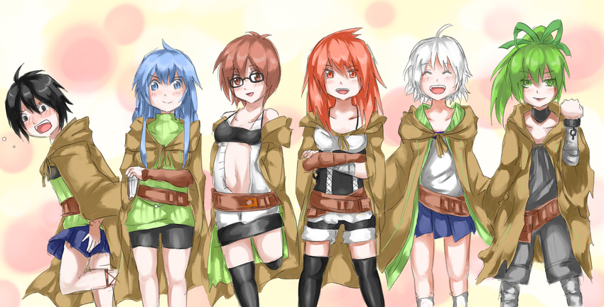 1boy 5girls alternate_outfit aussa aussa_(cosplay) black_eyes black_hair blue_eyes blue_hair blush brown_eyes brown_hair cosplay crossdressing dharc dharc_(cosplay) eria eria_(cosplay) glasses green_eyes green_hair hiita hiita_(cosplay) long_hair lyna lyna_(cosplay) multiple_girls red_eyes red_hair short_hair skirt thighhighs white_hair wynn wynn_(cosplay) yu-gi-oh!